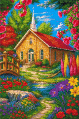 A Diamond Painting Rendering Of A Stone Church With Red Roof Surrounded By Colourful Flowers, Trees, And A Small Stream With A Wooden Bridge. Size - 40cm X 60cm