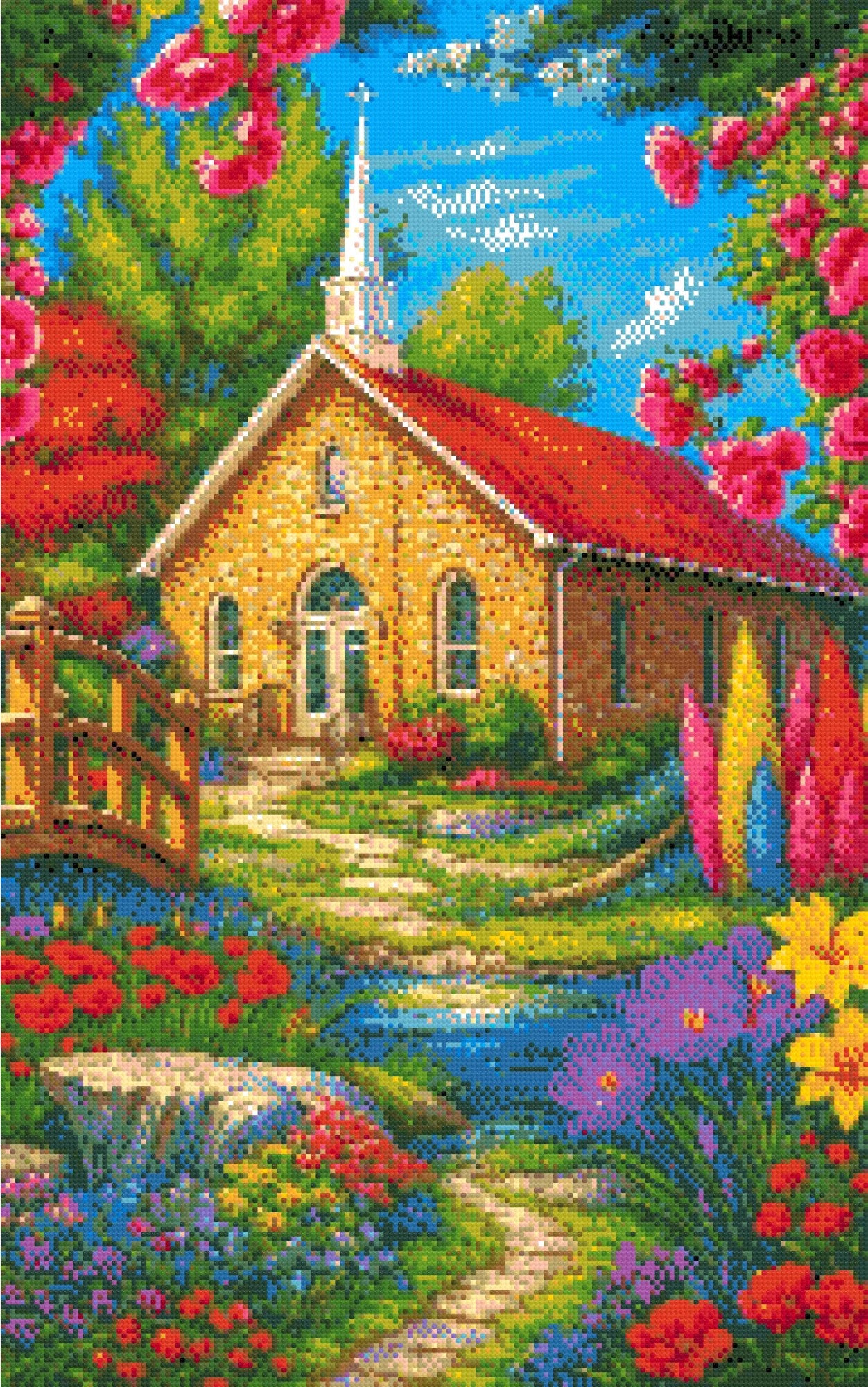 A Diamond Painting Rendering Of A Stone Church With Red Roof Surrounded By Colourful Flowers, Trees, And A Small Stream With A Wooden Bridge. Size - 50cm X 80cm