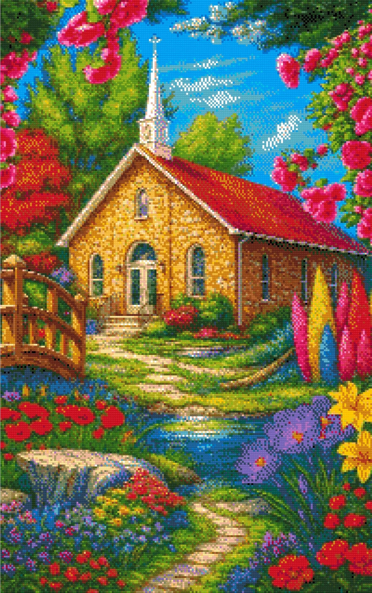 A Diamond Painting Rendering Of A Stone Church With Red Roof Surrounded By Colourful Flowers, Trees, And A Small Stream With A Wooden Bridge. Size - 50cm X 80cm