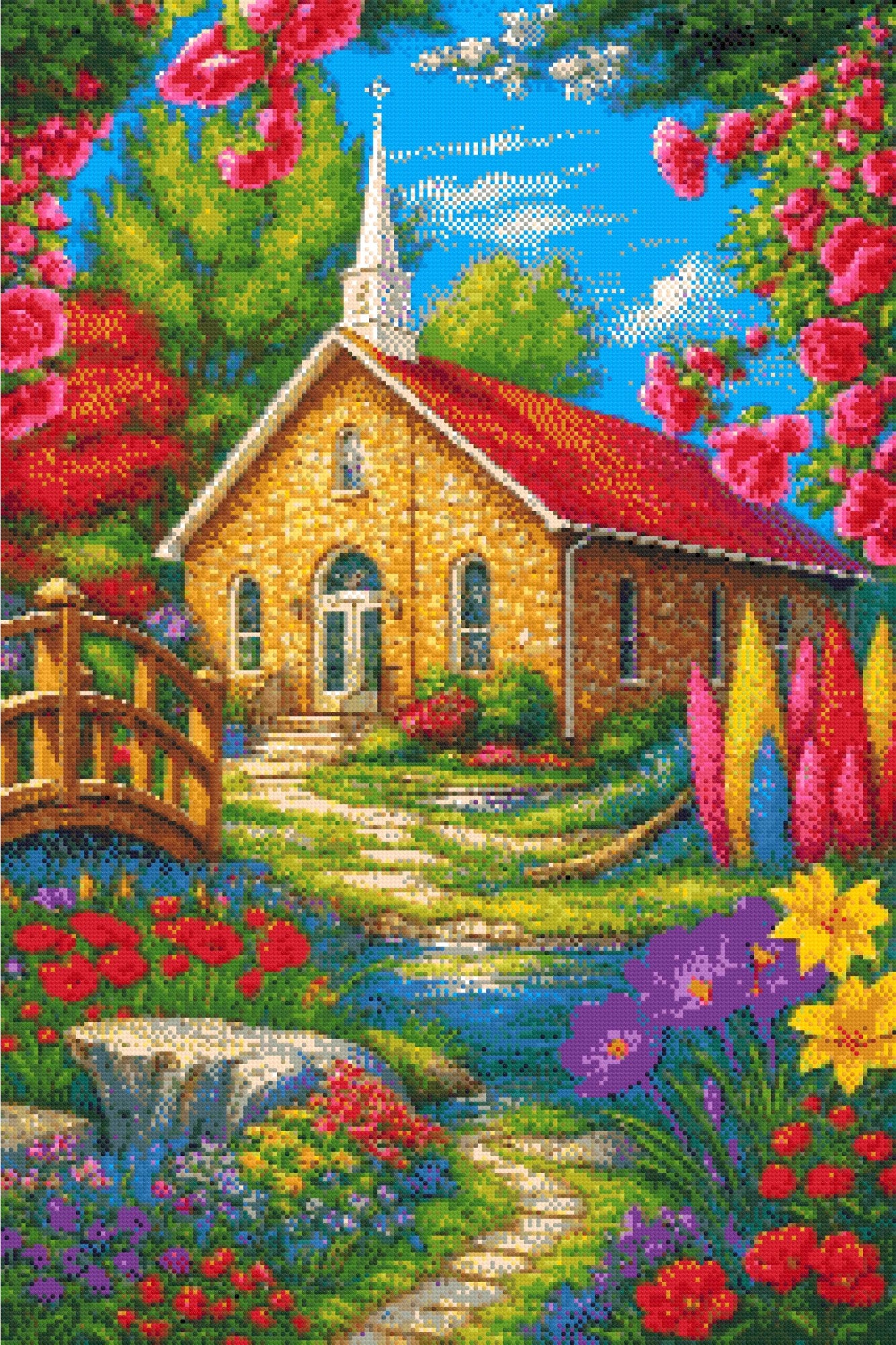 A Diamond Painting Rendering Of A Stone Church With Red Roof Surrounded By Colourful Flowers, Trees, And A Small Stream With A Wooden Bridge. Size - 60cm X 90cm