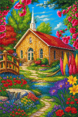 A Diamond Painting Rendering Of A Stone Church With Red Roof Surrounded By Colourful Flowers, Trees, And A Small Stream With A Wooden Bridge. Size - 60cm X 90cm