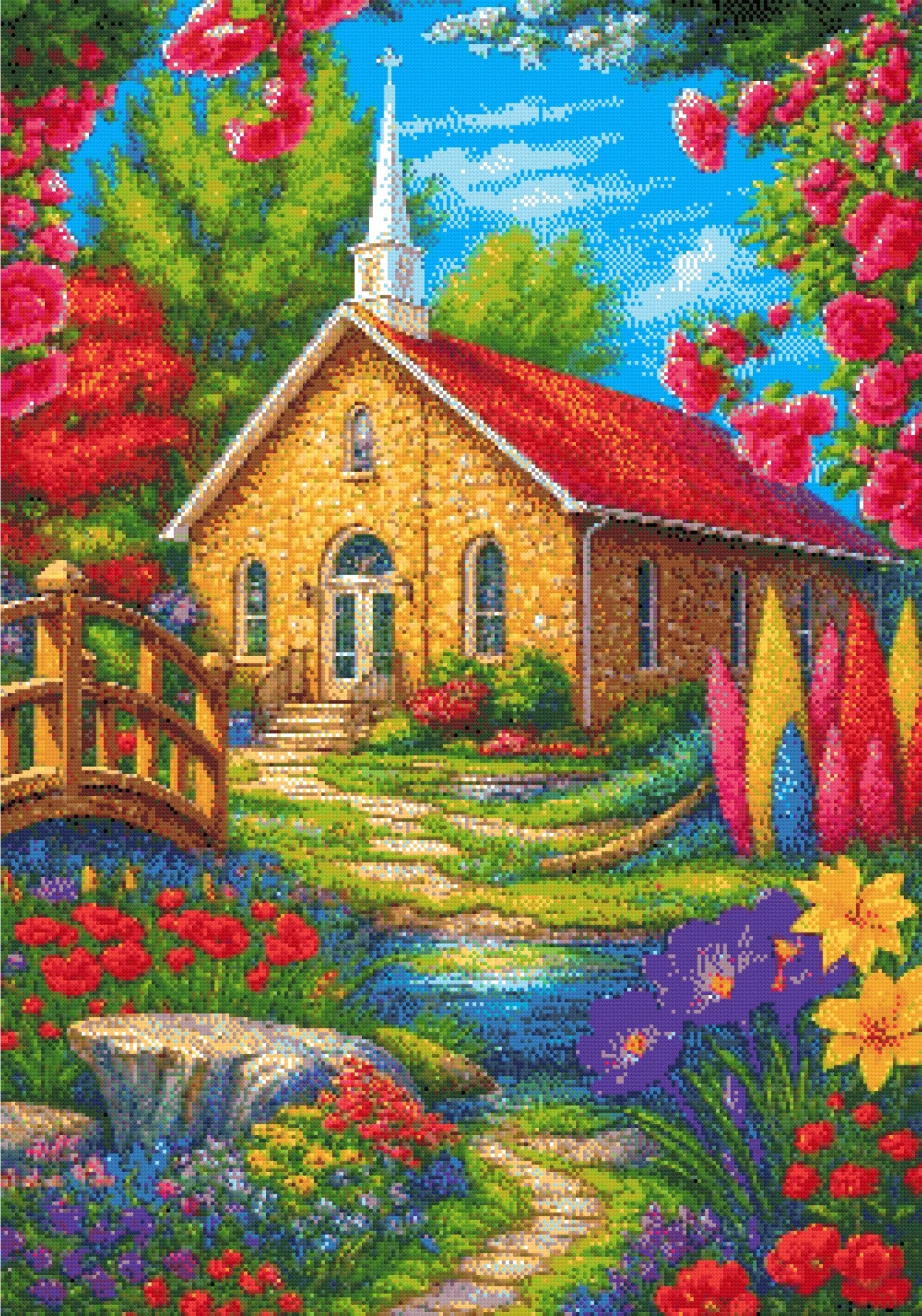 A Diamond Painting Rendering Of A Stone Church With Red Roof Surrounded By Colourful Flowers, Trees, And A Small Stream With A Wooden Bridge. Size - 70cm X 100cm