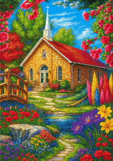 A Diamond Painting Rendering Of A Stone Church With Red Roof Surrounded By Colourful Flowers, Trees, And A Small Stream With A Wooden Bridge. Size - 70cm X 100cm