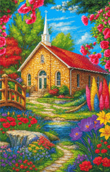 A Diamond Painting Rendering Of A Stone Church With Red Roof Surrounded By Colourful Flowers, Trees, And A Small Stream With A Wooden Bridge. Size - 70cm X 110cm
