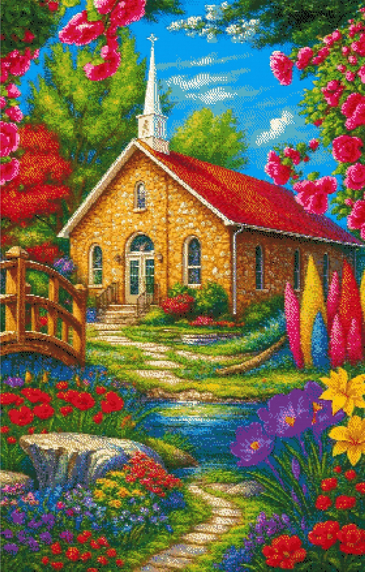 A Diamond Painting Rendering Of A Stone Church With Red Roof Surrounded By Colourful Flowers, Trees, And A Small Stream With A Wooden Bridge. Size - 70cm X 110cm