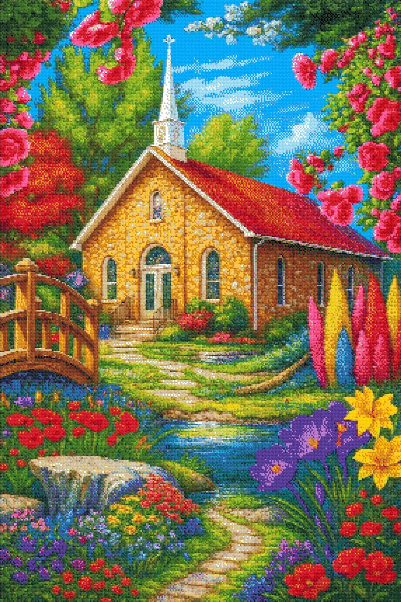 A Diamond Painting Rendering Of A Stone Church With Red Roof Surrounded By Colourful Flowers, Trees, And A Small Stream With A Wooden Bridge. Size - 80cm X 120cm
