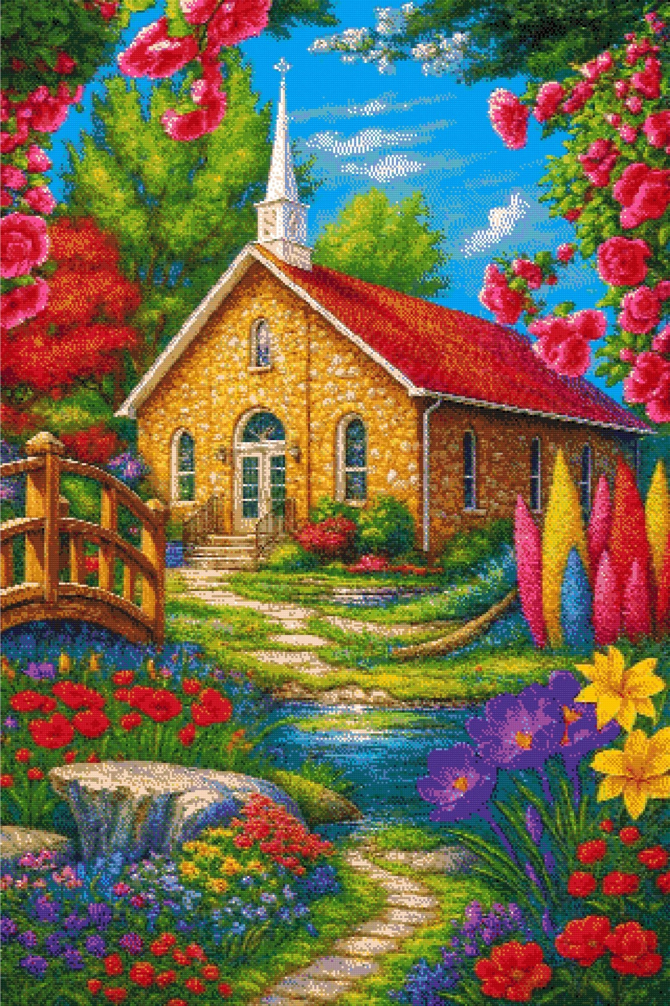 A Diamond Painting Rendering Of A Stone Church With Red Roof Surrounded By Colourful Flowers, Trees, And A Small Stream With A Wooden Bridge. Size - 80cm X 120cm