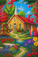 A Diamond Painting Rendering Of A Stone Church With Red Roof Surrounded By Colourful Flowers, Trees, And A Small Stream With A Wooden Bridge. Size - 80cm X 120cm