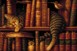 A sleeping tabby cat curled up on a bookshelf among vintage books, with an owl figurine and a bird nearby. Size - 90cm x 60cm