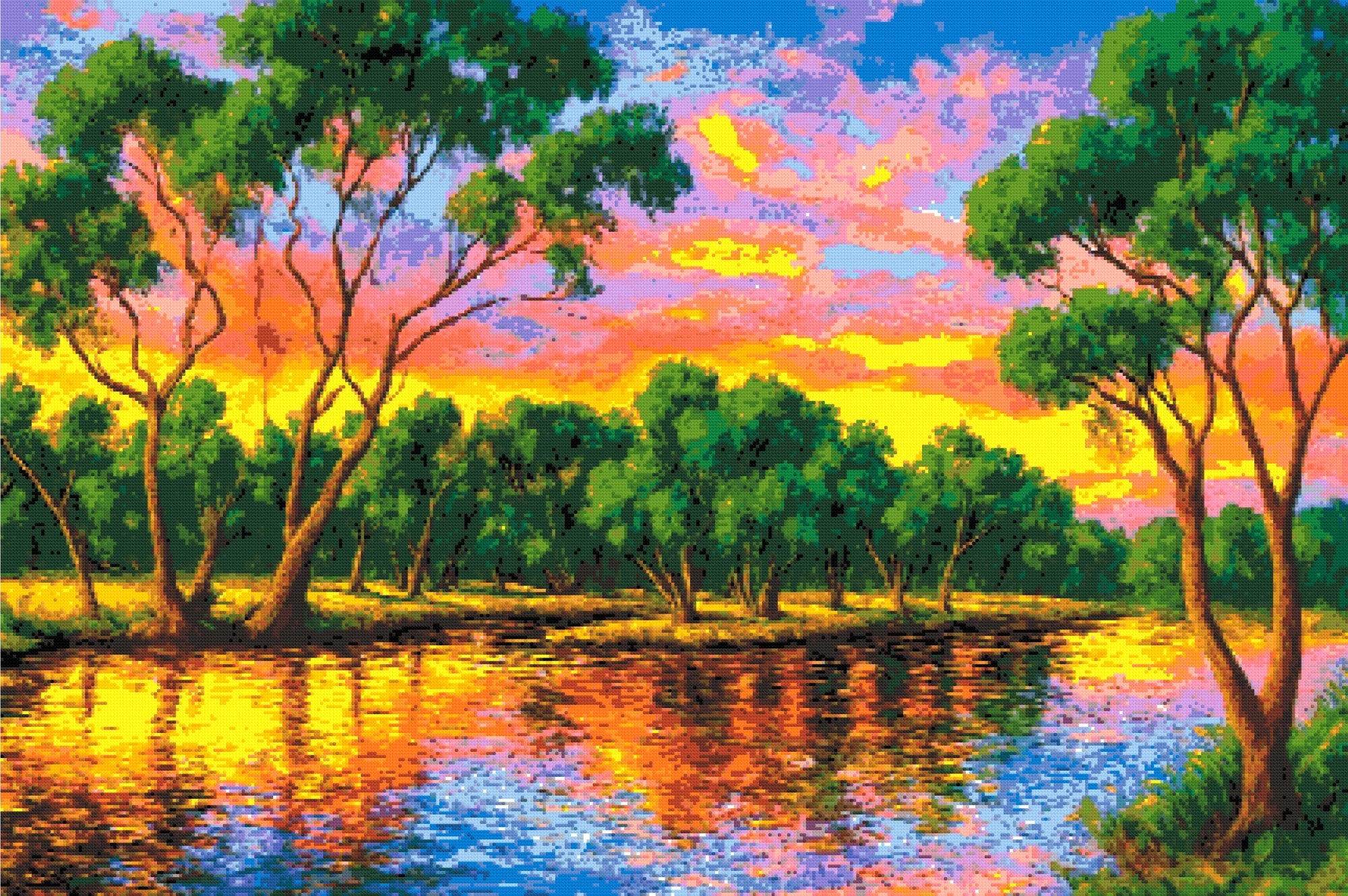colourful sunset over a river with tree reflections. Size - 120cm x 80cm