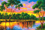 colourful sunset over a river with tree reflections. Size - 120cm x 80cm