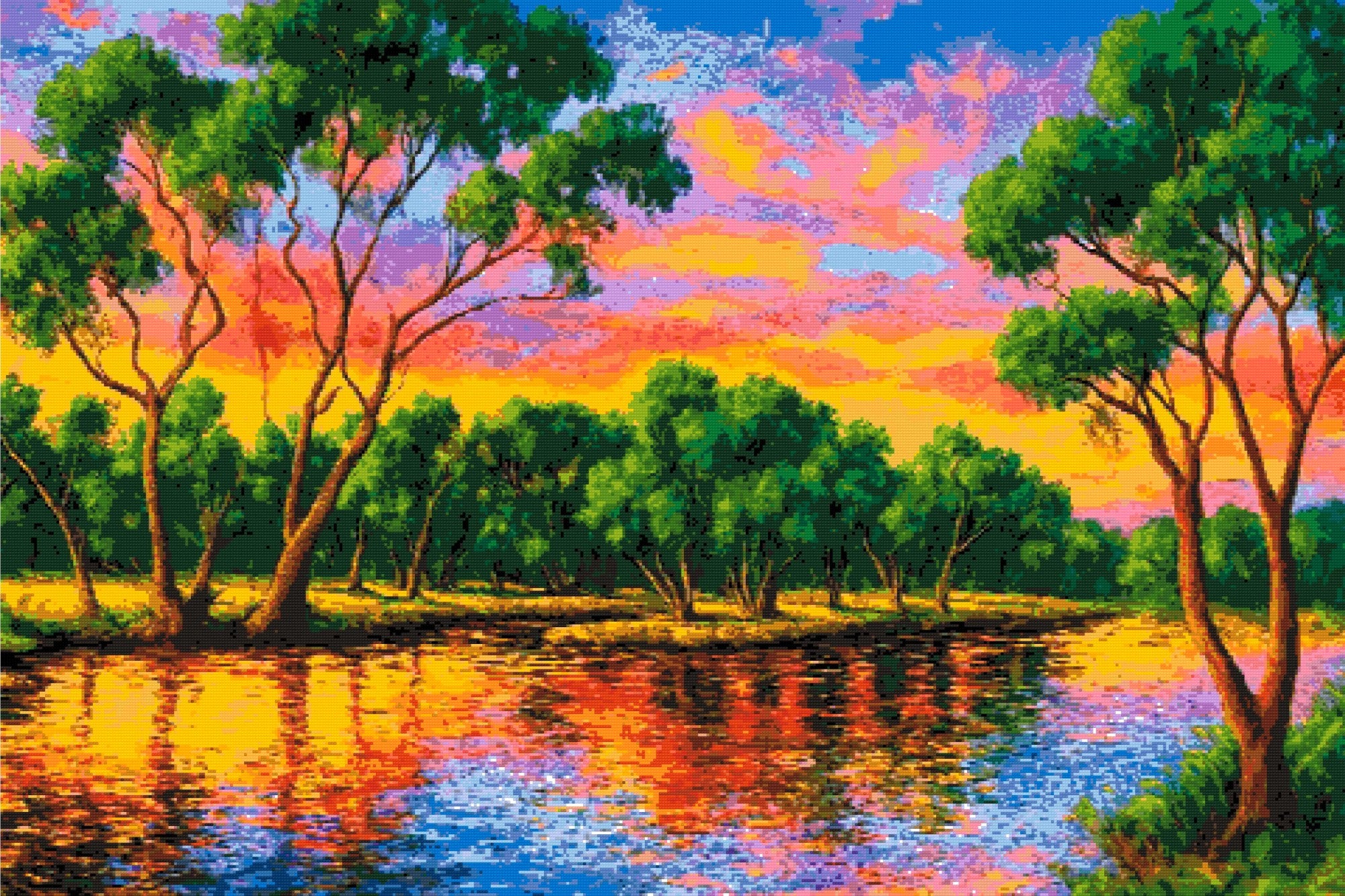 colourful sunset over a river with tree reflections. Size - 120cm x 80cm