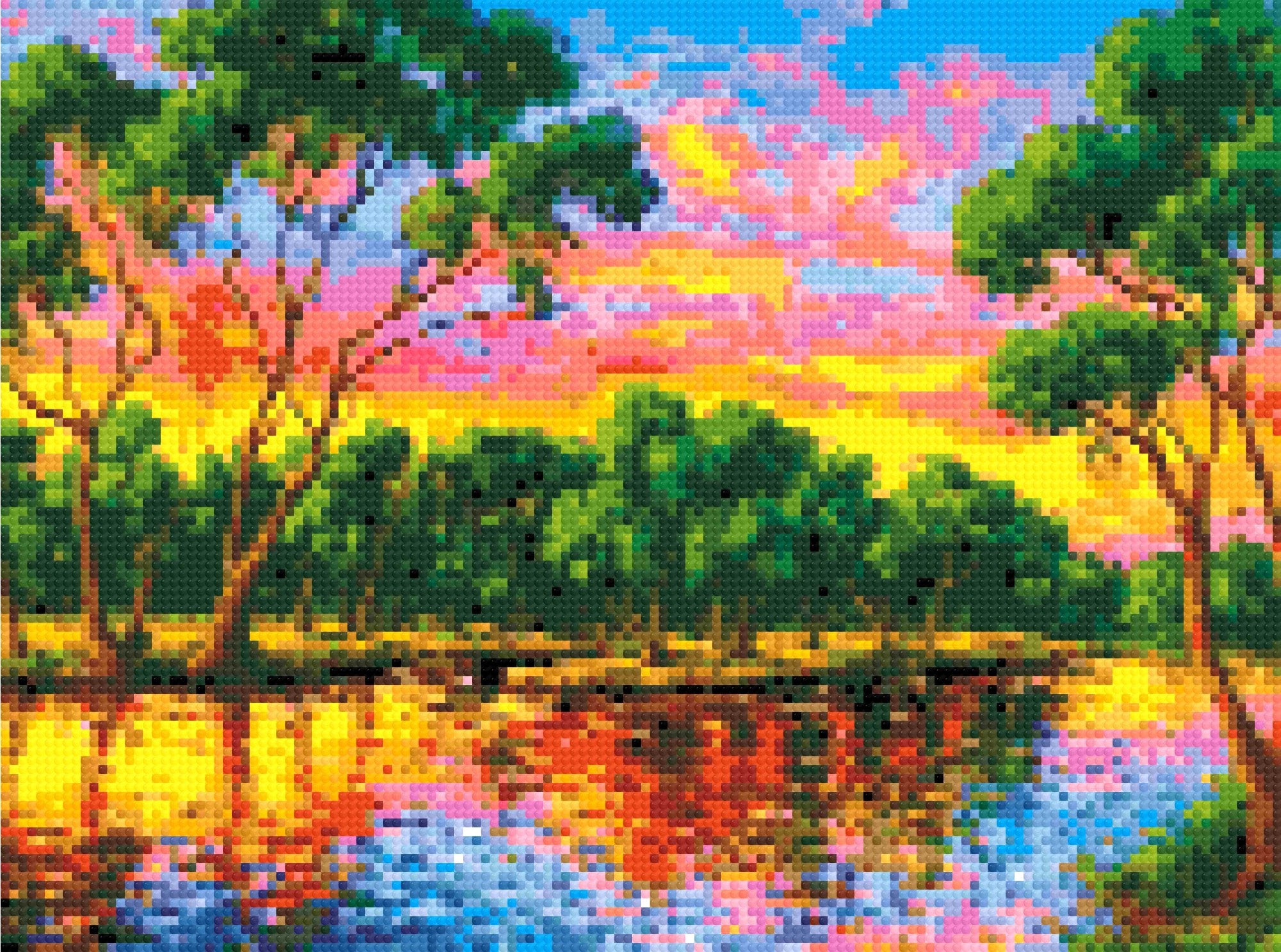 colourful sunset over a river with tree reflections. Size - 40cm x 30cm