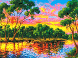 colourful sunset over a river with tree reflections. Size - 40cm x 30cm