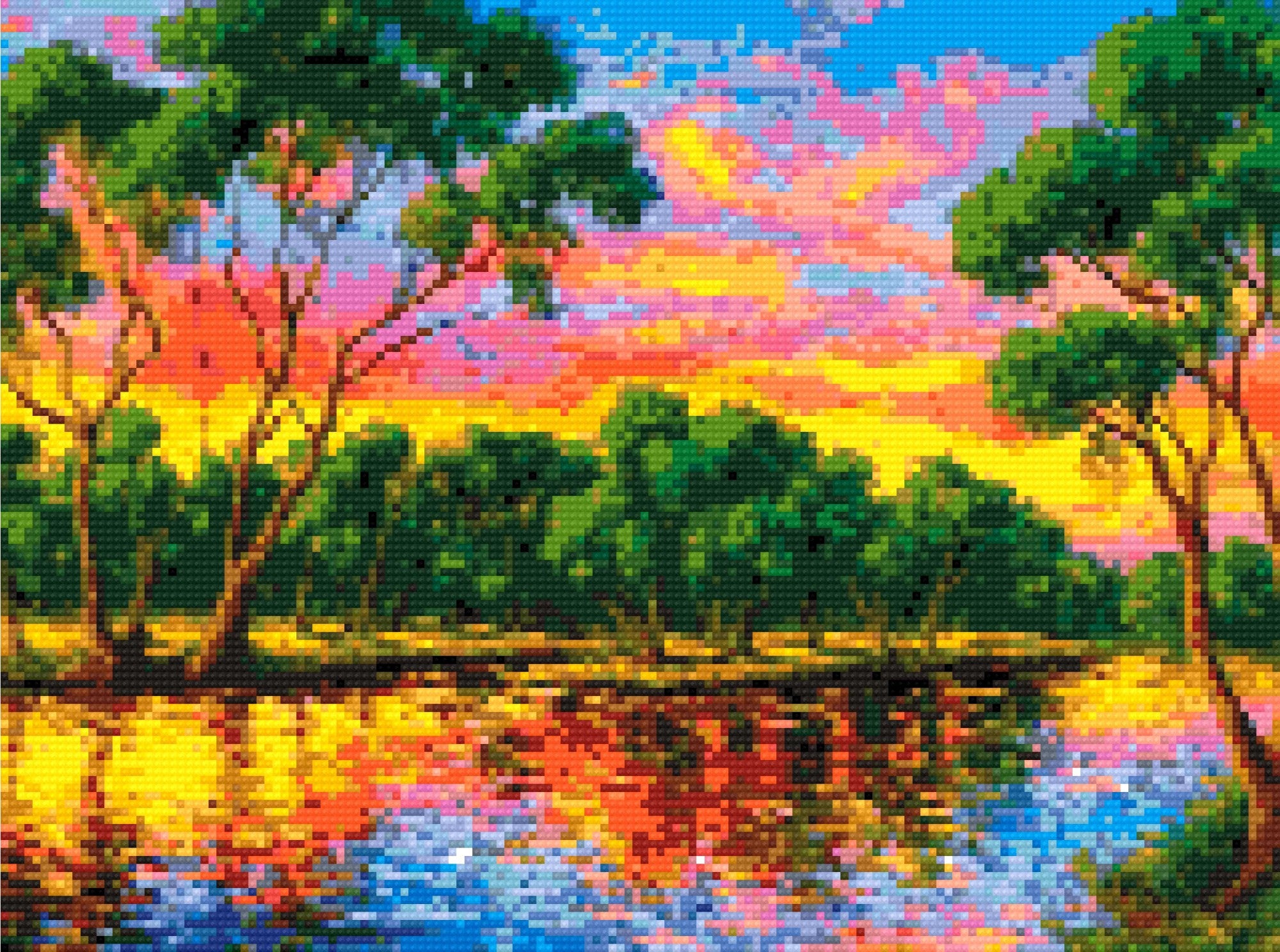 colourful sunset over a river with tree reflections. Size - 40cm x 30cm
