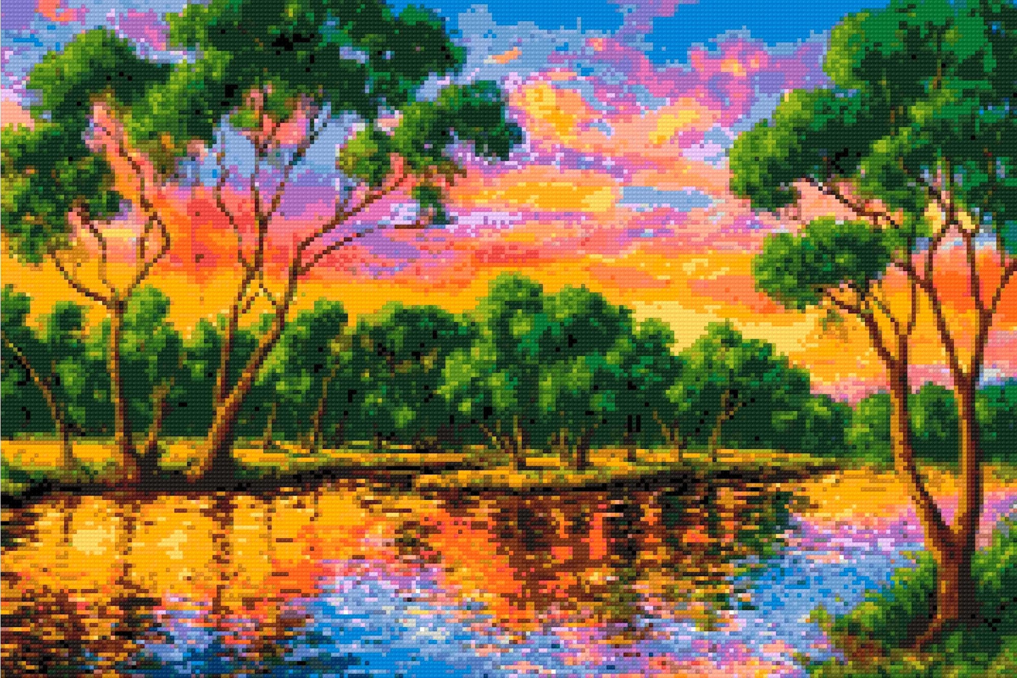 colourful sunset over a river with tree reflections. Size - 60cm x 40cm
