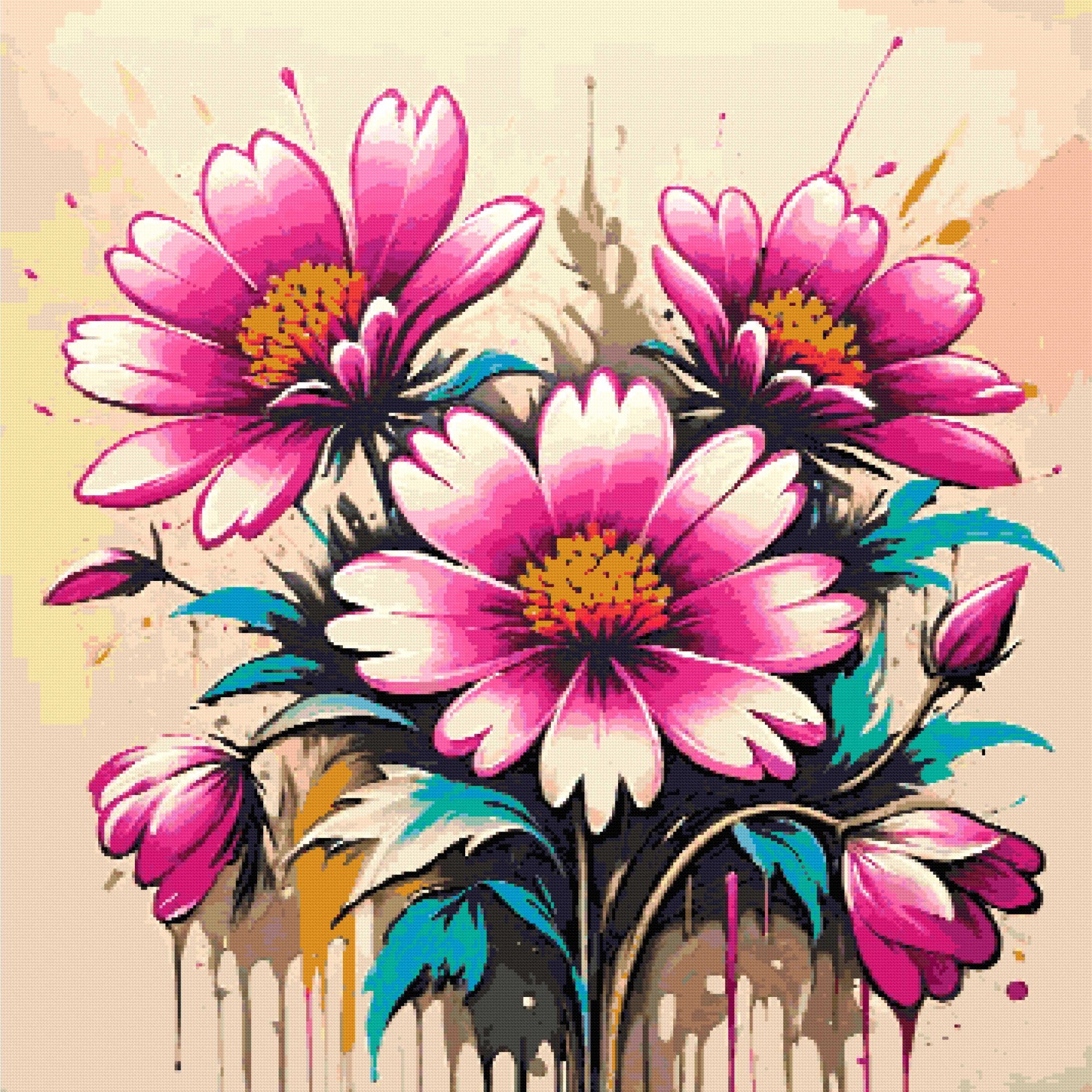 Three vibrant magenta and pink flowers with teal leaves on a canvas with paint splatters. Size - 100cm x 100cm