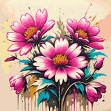 Three vibrant magenta and pink flowers with teal leaves on a canvas with paint splatters. Size - 100cm x 100cm