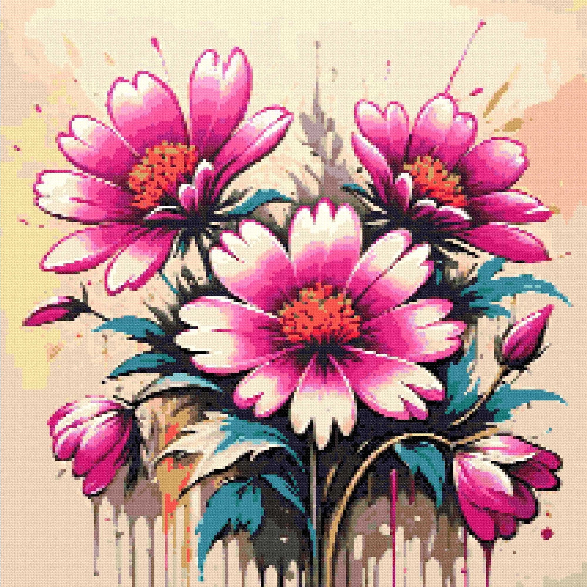 Three vibrant magenta and pink flowers with teal leaves on a canvas with paint splatters. Size - 60cm x 60cm