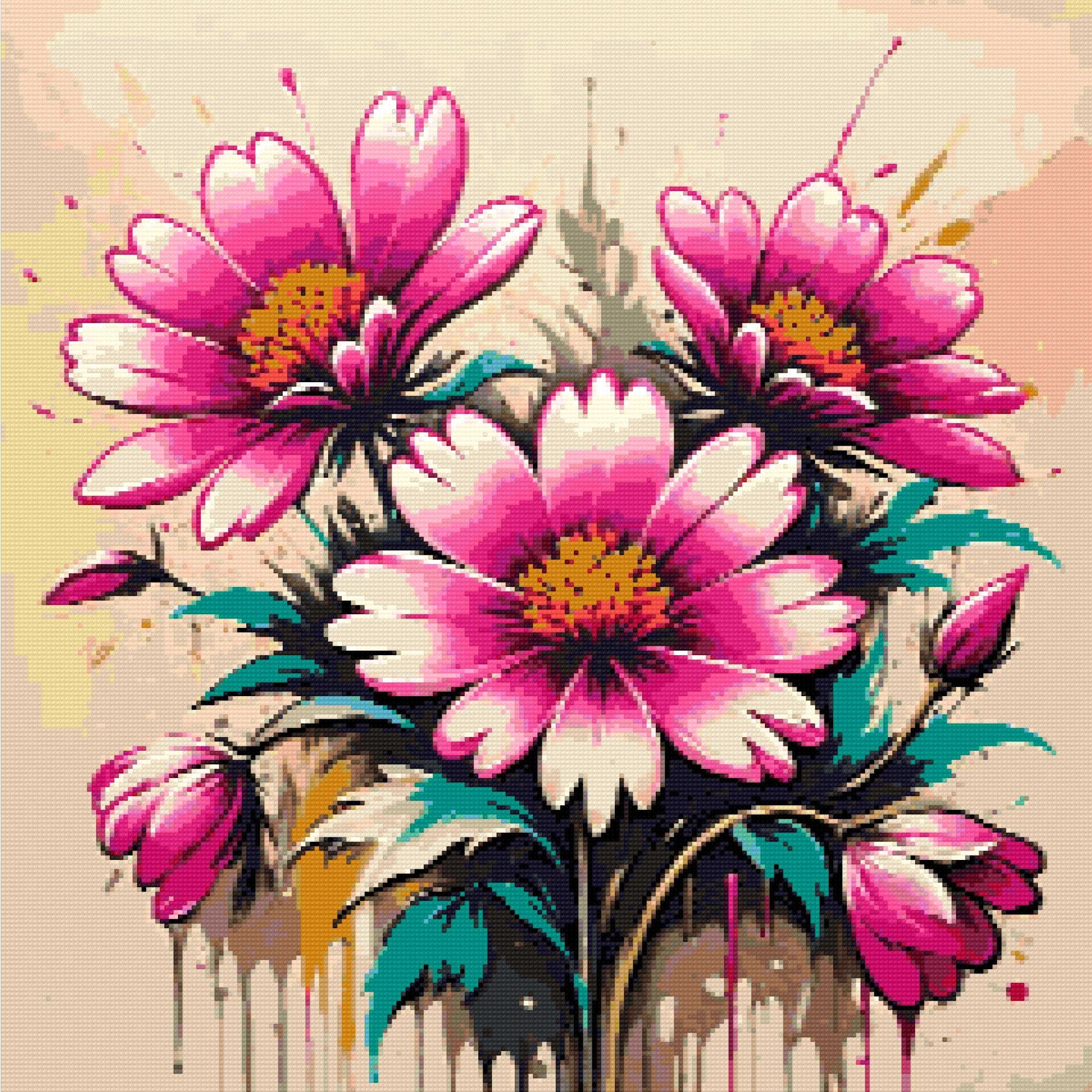 Three vibrant magenta and pink flowers with teal leaves on a canvas with paint splatters. Size - 60cm x 60cm