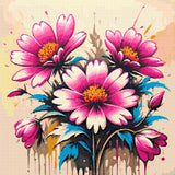 Three vibrant magenta and pink flowers with teal leaves on a canvas with paint splatters. Size - 80cm x 80cm