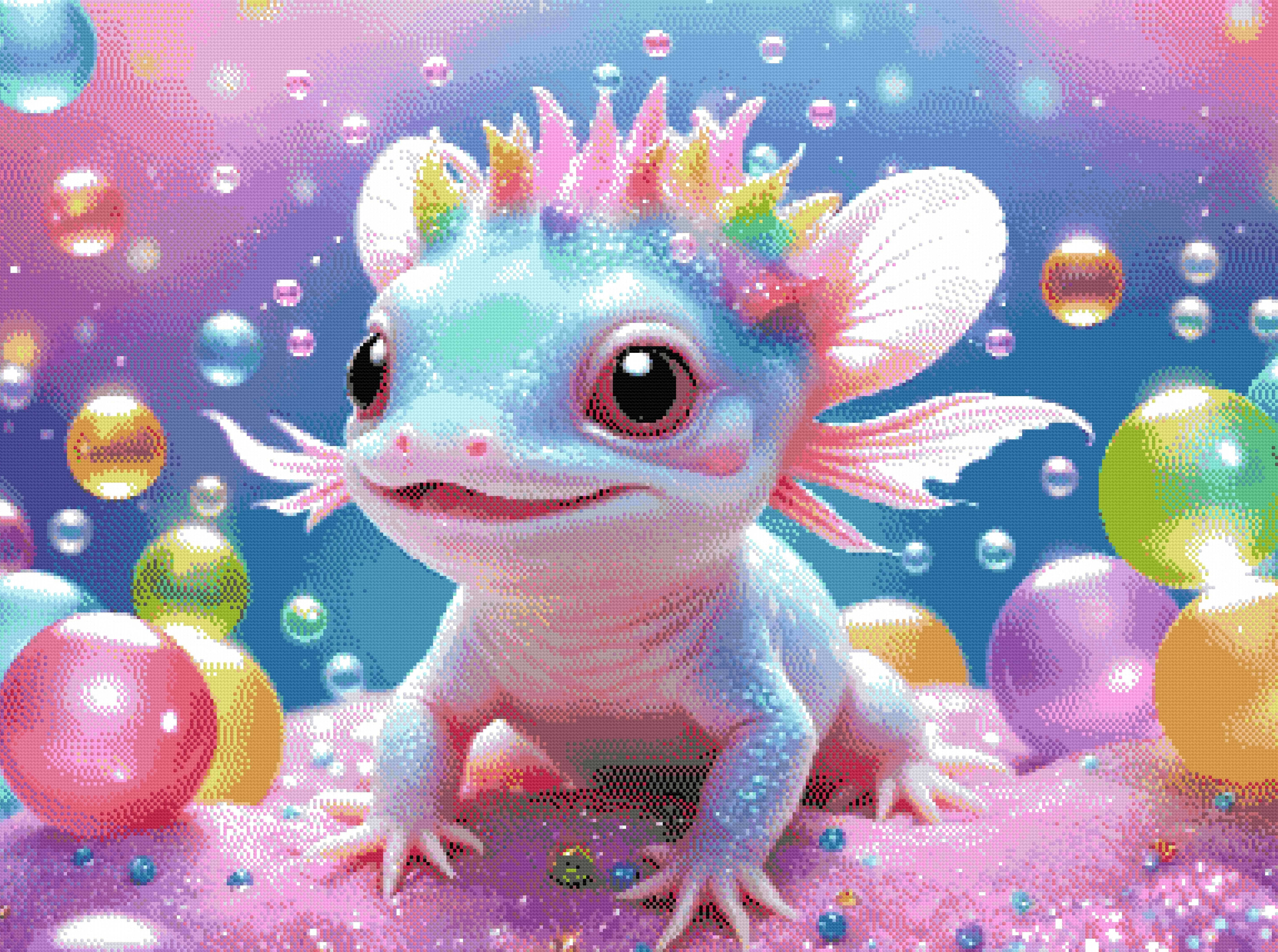 A Diamond Painting Rendering Of Whimsical Baby Axolotl With Colourful Bubbles. Size - 110cm X 80cm