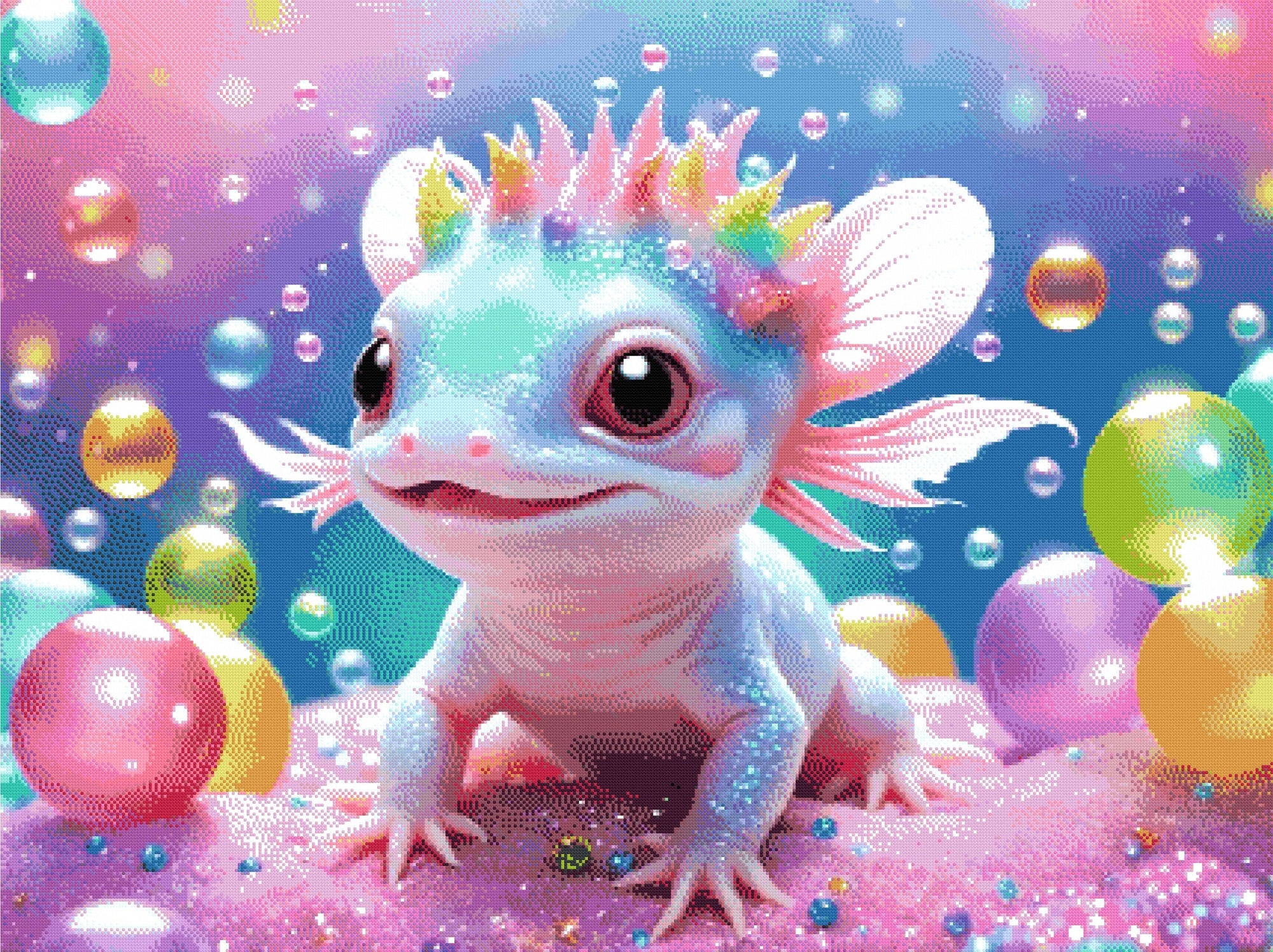 A Diamond Painting Rendering Of Whimsical Baby Axolotl With Colourful Bubbles. Size - 120cm X 90cm