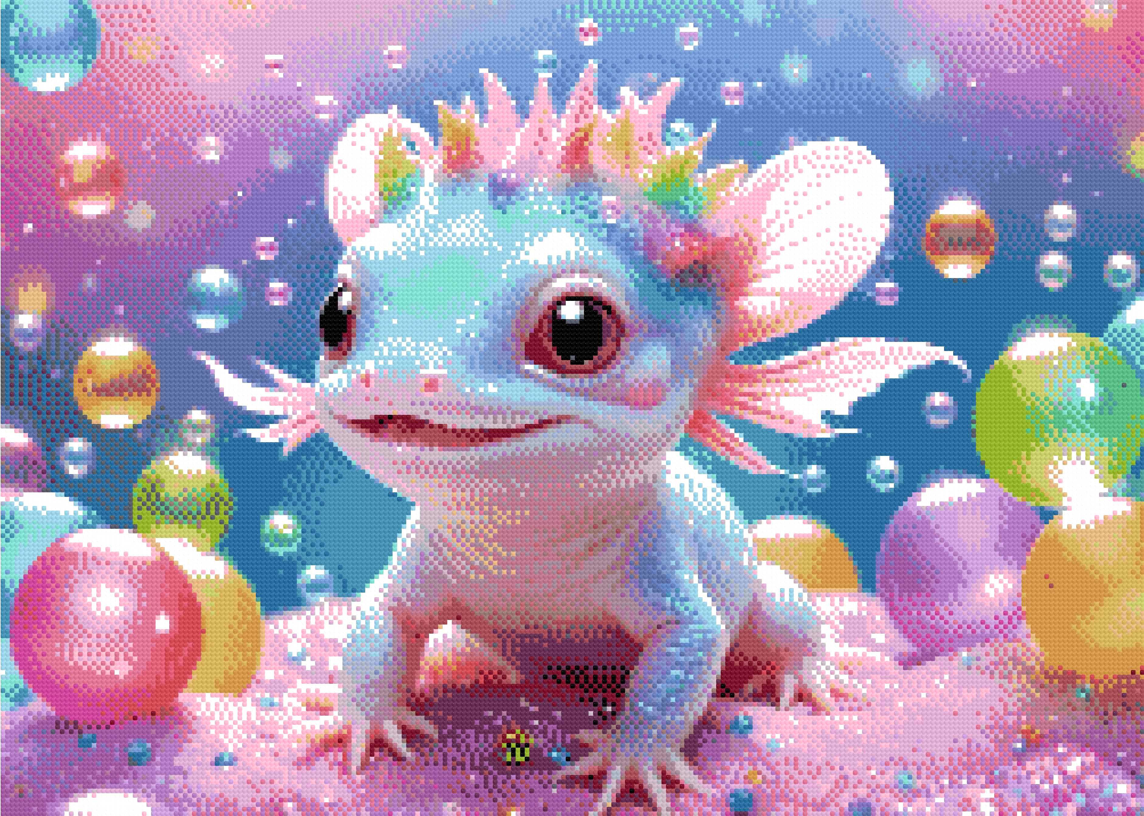 A Diamond Painting Rendering Of Whimsical Baby Axolotl With Colourful Bubbles. Size - 70cm X 50cm