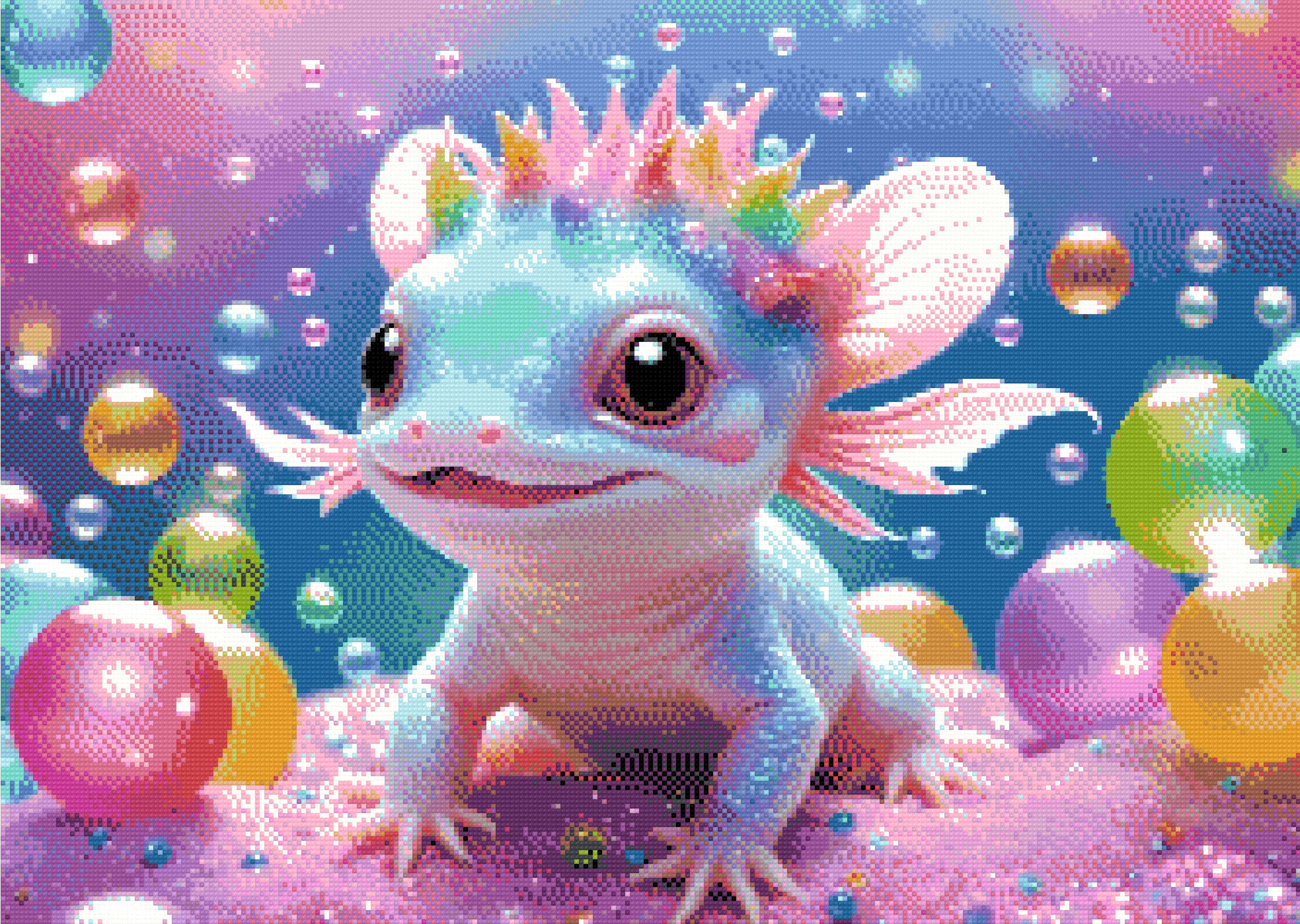 A Diamond Painting Rendering Of Whimsical Baby Axolotl With Colourful Bubbles. Size - 70cm X 50cm