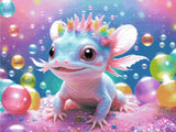 A Diamond Painting Rendering Of Whimsical Baby Axolotl With Colourful Bubbles. Size - 80cm X 60cm