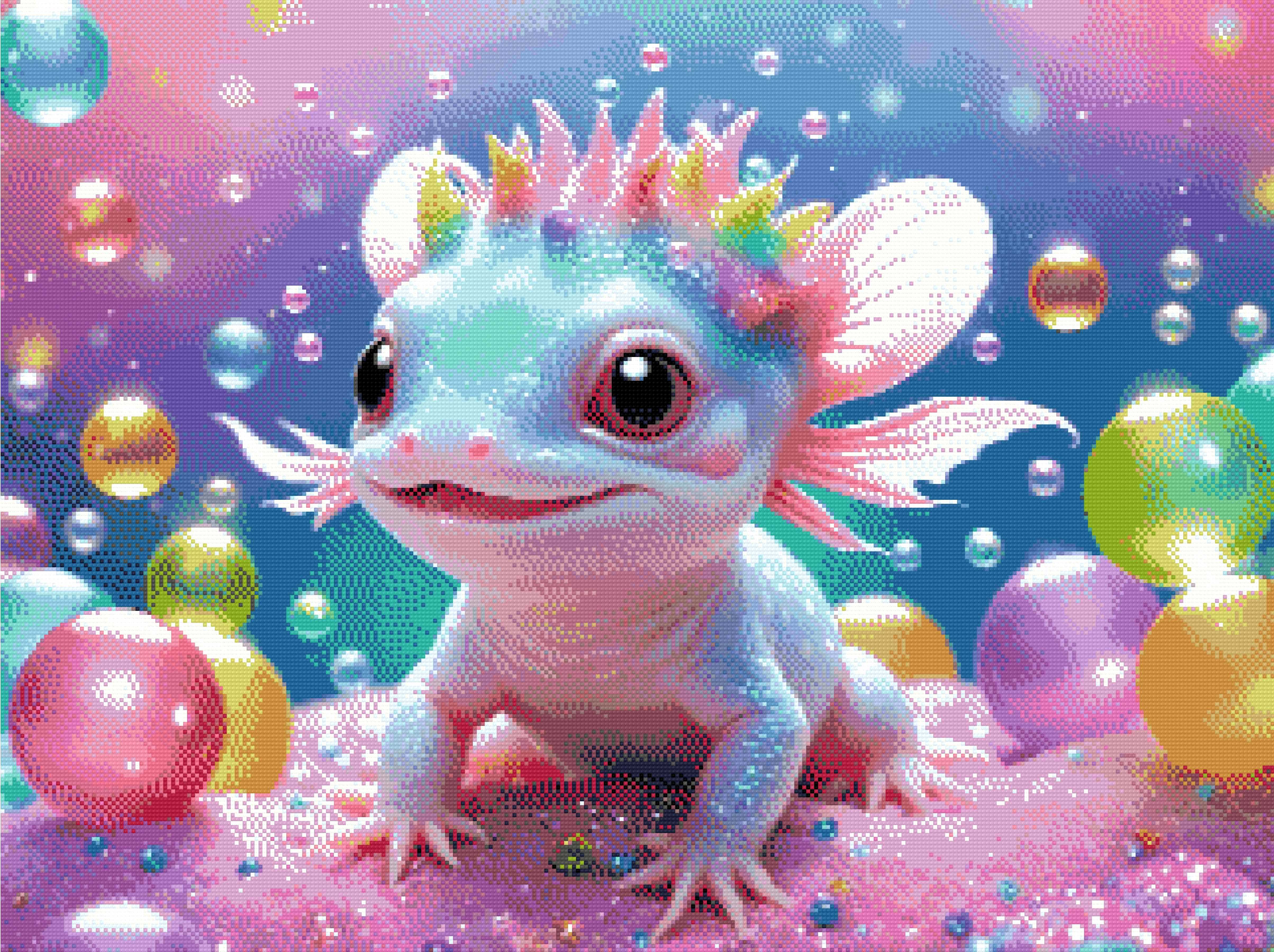 A Diamond Painting Rendering Of Whimsical Baby Axolotl With Colourful Bubbles. Size - 80cm X 60cm