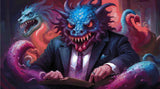 A Diamond Painting Rendering Of Fantastical Beast In A Suit At A Desk, Surrounded By A Dragon, Serpent, And Tentacle In A Mystical Setting. Size - 90cm X 50cm