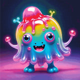 A Diamond Painting Rendering Of A Cheerful, Multicoloured Creature With Large Blue Eyes And A Big Smile Stands In A Glowing, Vibrant Setting. Size - 100cm X 100cm