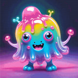 A Diamond Painting Rendering Of A Cheerful, Multicoloured Creature With Large Blue Eyes And A Big Smile Stands In A Glowing, Vibrant Setting. Size - 110cm X 110cm