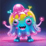 A Diamond Painting Rendering Of A Cheerful, Multicoloured Creature With Large Blue Eyes And A Big Smile Stands In A Glowing, Vibrant Setting. Size - 30cm X 30cm