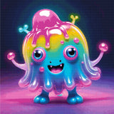 A Diamond Painting Rendering Of A Cheerful, Multicoloured Creature With Large Blue Eyes And A Big Smile Stands In A Glowing, Vibrant Setting. Size - 70cm X 70cm