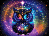 A Diamond Painting Rendering Of A Radiant Owl With Glowing Feathers In Blue, Purple, And Yellow Sits Amid Celestial Symbols And Constellations. Size - 40cm X 30cm