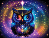 A Diamond Painting Rendering Of A Radiant Owl With Glowing Feathers In Blue, Purple, And Yellow Sits Amid Celestial Symbols And Constellations. Size - 50cm X 40cm