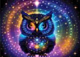 A Diamond Painting Rendering Of A Radiant Owl With Glowing Feathers In Blue, Purple, And Yellow Sits Amid Celestial Symbols And Constellations. Size - 70cm X 50cm