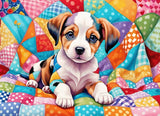 Puppy in colourful quilt