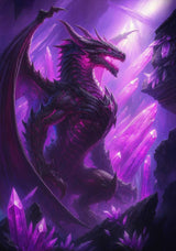 Majestic dark dragon in glowing purple crystal cave with light streaming through jagged formations.