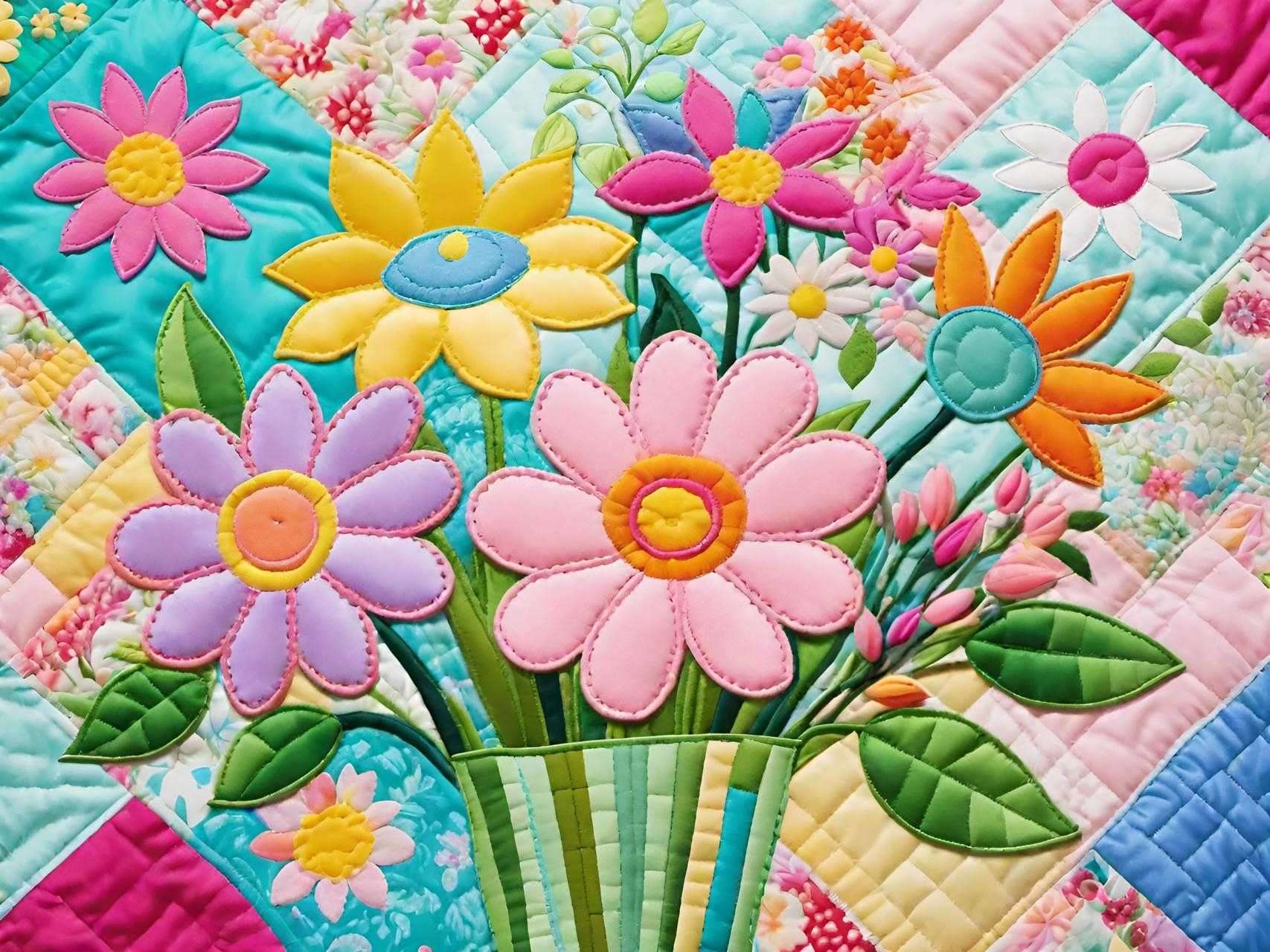 colourful quilt with stitched flowers in a vase, surrounded by intricate patchwork patterns.