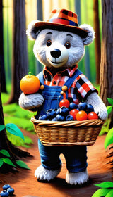 A bear in plaid and denim overalls carrying a basket of fruit in a sunlit forest.