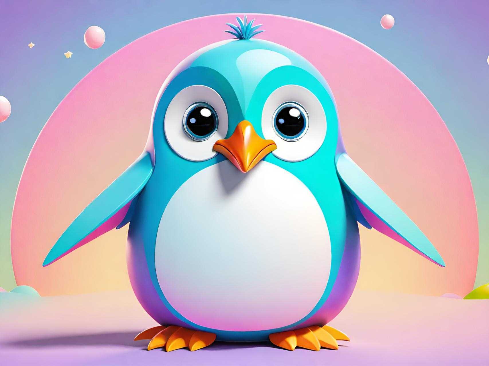 Adorable blue penguin with big eyes standing in front of a pastel pink and purple background, looking cheerful.