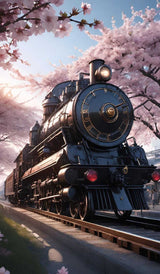 Vintage steam train under blooming cherry trees on a sunny day, blending technology and nature.