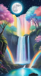 Waterfall under a full moon with pastel trees and rainbows in a serene, magical landscape.