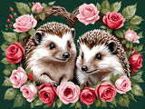 Two hedgehogs surrounded by pink and red roses, framed in a circular arrangement on a green background.