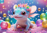 Whimsical baby axolotl with colourful bubbles.