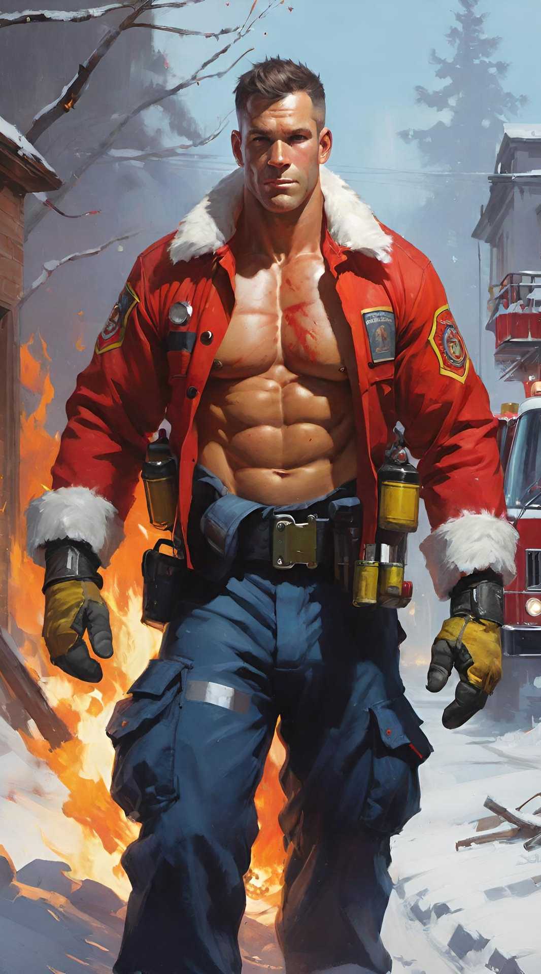 A muscular firefighter in a red jacket and blue pants strides through a snowy, burning scene with flames in the background.