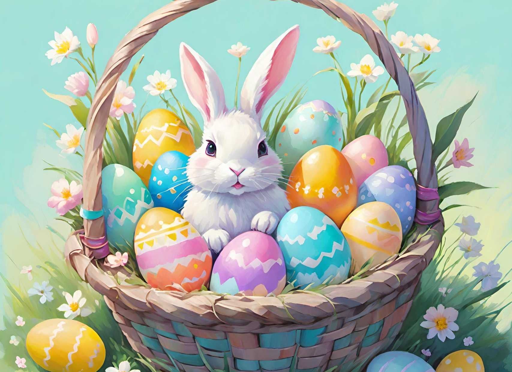 A white bunny sitting in a basket filled with colourful Easter eggs, surrounded by blooming flowers.